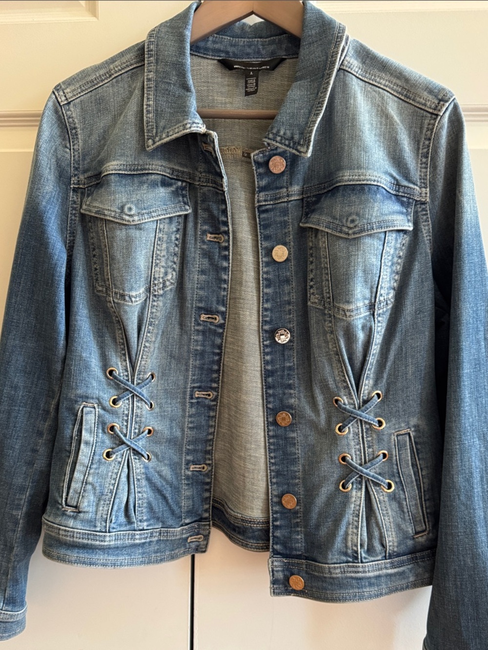 White House Black Market Light Blue Denim Jacket with Lace-Up Sides